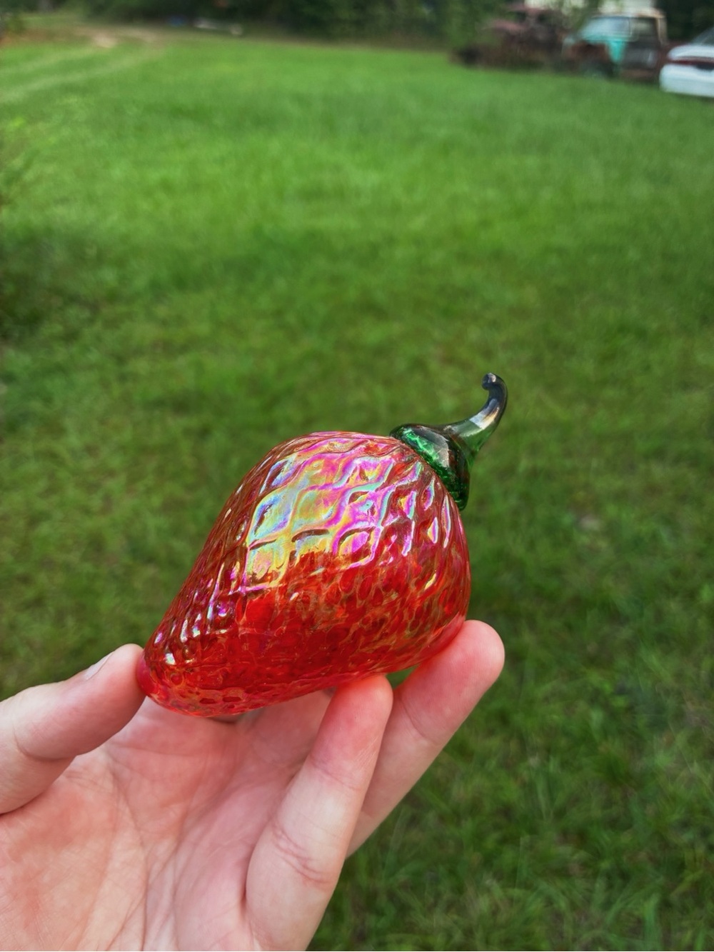 Glass Eye Studio Iridescent Art Glass Strawberry Paperweight Decor